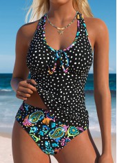 Black Mid Waisted Two-piece Polka Dot Tankini Set