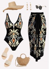 Black Two-piece Tribal Print One Piece Swimwear and Sarong