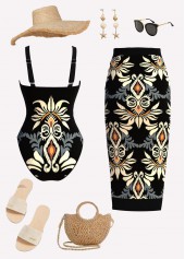 Black Two-piece Tribal Print One Piece Swimwear and Sarong | thumb picture 