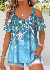 Blue Floral Print Twist Short Sleeve T Shirt