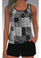 Black Mid Waisted Blouson Paisley Print Tankini Set