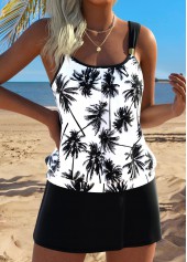 Black Mid Waisted Pocket Tropical Plants Print Tankini Set