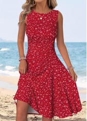 Red Polka Dot Shirred Sleeveless Round Neck Dress | thumb picture 