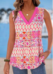 Hot Pink Tribal Print Sleeveless V Neck Tank Top