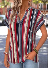 Multi Color Striped Short Sleeve Split Neck T Shirt | thumb picture 