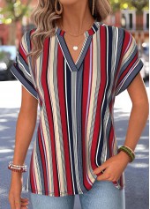 Multi Color Striped Short Sleeve Split Neck T Shirt