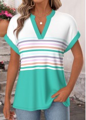 Green Multi Stripe Print Patchwork Short Sleeve T Shirt
