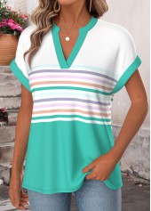 Green Multi Stripe Print Patchwork Short Sleeve T Shirt | thumb picture 