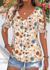 Light Camel Floral Print Patchwork Short Sleeve T Shirt | thumb picture 