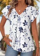 Blue Floral Print Shirred Short Sleeve T Shirt