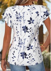 Blue Floral Print Shirred Short Sleeve T Shirt | thumb picture 