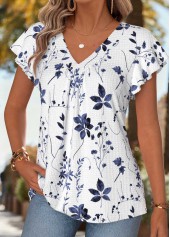 Blue Floral Print Shirred Short Sleeve T Shirt | thumb picture 