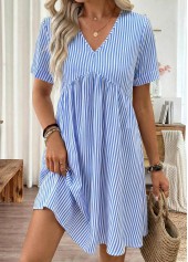Blue Striped Short V Neck Dress