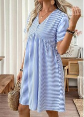 Blue Striped Short V Neck Dress | thumb picture 