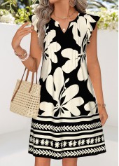 Black Floral Print Short Tuck Stitch Sleeveless Dress