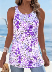 Purple Floral Print Patchwork Sleeveless Round Neck Tank Top | thumb picture 