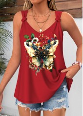 Red Floral Print Twist Sleeveless V Neck Tank Top