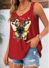Red Floral Print Twist Sleeveless V Neck Tank Top | thumb picture 