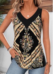 Black Tribal Print Patchwork Long Sleeve Tank Top