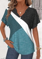 Turquoise Geometric Print Tummy Coverage Short Sleeve T Shirt