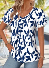 Navy Leaf Print Curved Hem Short Sleeve T Shirt | thumb picture 