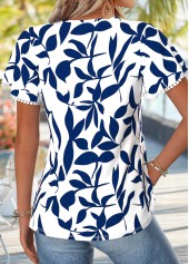 Navy Leaf Print Curved Hem Short Sleeve T Shirt | thumb picture 