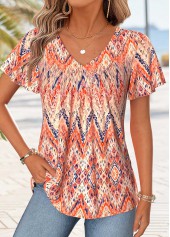 Orange Tribal Print Curved Hem Short Sleeve T Shirt