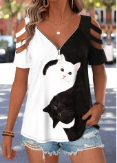 Black Animal Print Curved Hem Short Sleeve T Shirt
