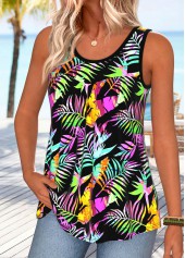 Multi Color Leaf Print Curved Hem Sleeveless Tank Top | thumb picture 