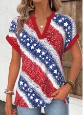 American Flag Red Short Sleeve Split Neck T Shirt