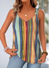 Multi Color Striped Tie Sleeveless V Neck Tank Top