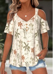 Beige Tropical Plants Print Curved Hem T Shirt