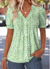 Light Green Ditsy Floral Print Tuck Stitch T Shirt