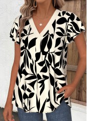 Beige Leaf Print Patchwork Short Sleeve T Shirt | thumb picture 