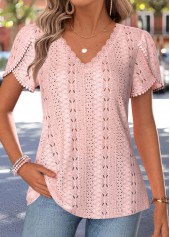 Light Pink Patchwork Short Sleeve V Neck T Shirt