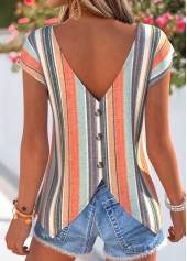 Multi Color Striped Ruffle Short Sleeve T Shirt