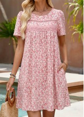 Pink Ditsy Floral Print Short Patchwork Round Neck Dress | thumb picture 