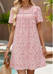 Pink Ditsy Floral Print Short Patchwork Round Neck Dress | thumb picture 