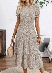Light Camel Leopard Shirred Short Sleeve Round Neck Dress | thumb picture 