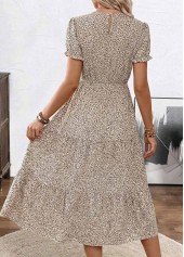 Light Camel Leopard Shirred Short Sleeve Round Neck Dress | thumb picture 