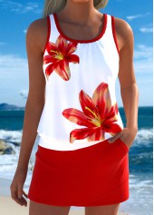 Red Mid Waisted Pocket Tropical Plants Print Tankini Set