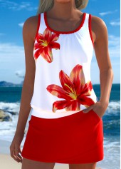 Red Mid Waisted Pocket Tropical Plants Print Tankini Set | thumb picture 