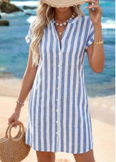 Dusty Blue Striped Short Tummy Coverage Split Neck Dress | thumb picture 