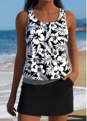 Black Mid Waisted Pocket Tropical Plants Print Tankini Set