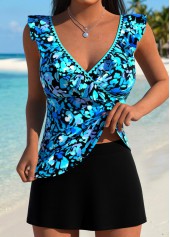 Cyan Mid Waisted Surplice Floral Print Tankini Set