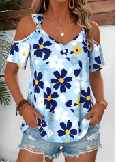 Blue Floral Print Twist Short Sleeve T Shirt | thumb picture 