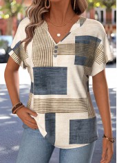 Light Coffee Geometric Print Tummy Coverage T Shirt