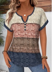 Multi Color Striped Curved Hem Short Sleeve Blouse