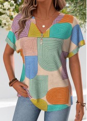 Multi Color Geometric Print Tummy Coverage T Shirt
