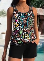 Black Mid Waisted Blouson Tribal Print Tankini Set | thumb picture 